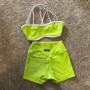 Muscle Nation Lime Green Ribbed Sports Bra & High-Waist Shorts Set